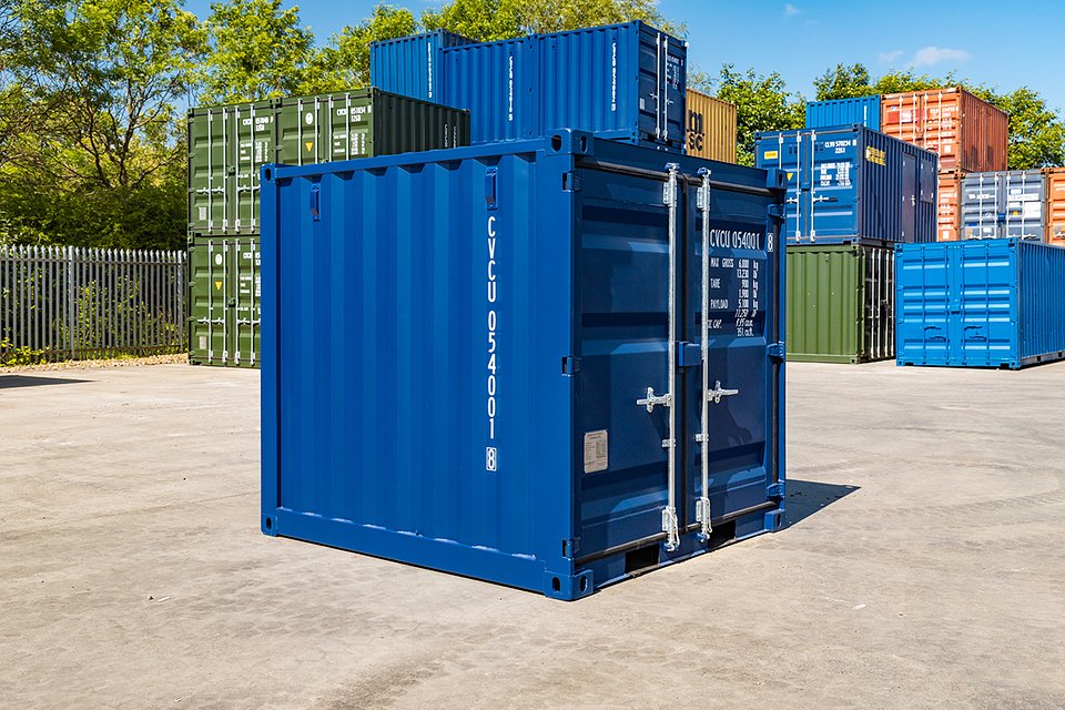 10ft blue shipping container — side profile