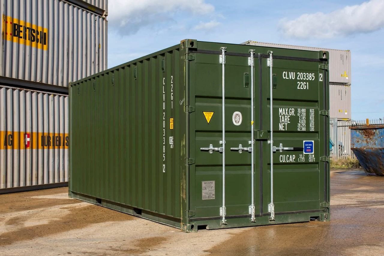 20ft dark green Grade A shipping container — side and door view