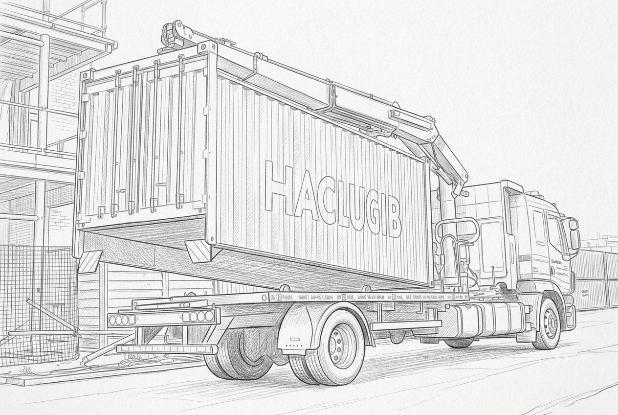 Rigid Hiab wagon lifting a shipping container with its rear-mounted crane
