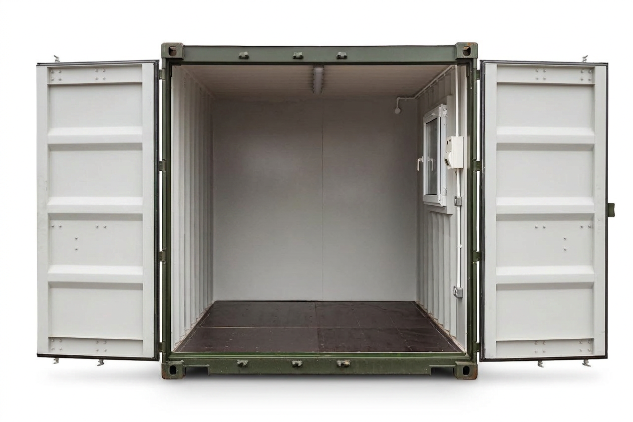 20ft green office container — interior with electrics and window